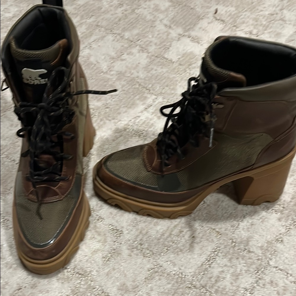 Brown and Green Heeled Boots